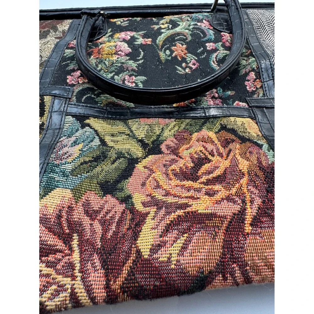Bueno Mixed Media Satchel Bag Floral Tapestry Croc Embossed Black Large Tote